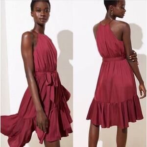 LOFT Garnet Red Flounce Midi Halter Dress Size XL Tall NWT